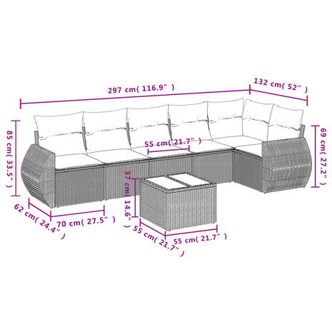 7-delige Loungeset met kussens poly rattan beige