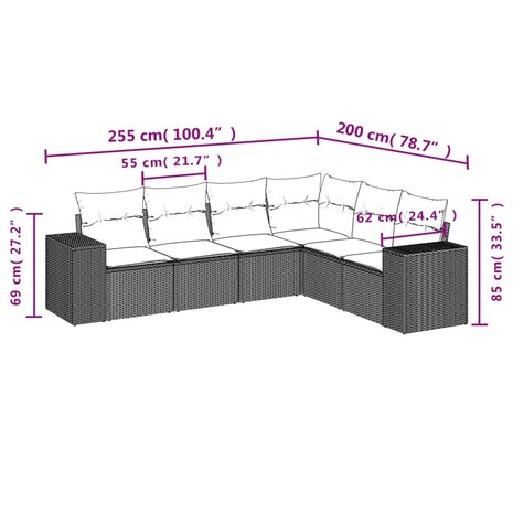 6-delige Loungeset met kussens poly rattan beige