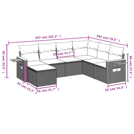7-delige Loungeset met kussens poly rattan beige