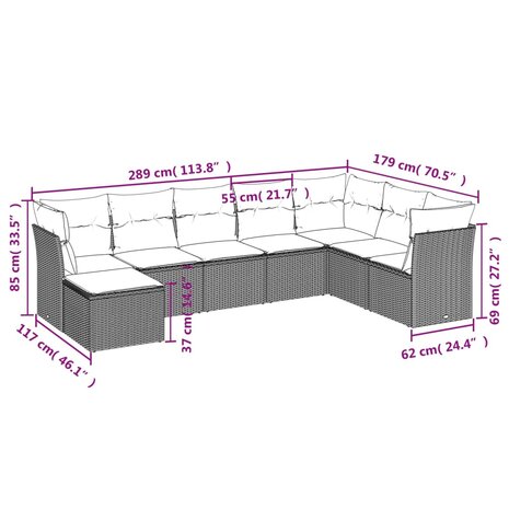 8-delige Loungeset met kussens poly rattan zwart