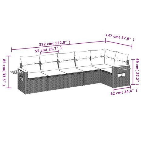 6-delige Loungeset met kussens poly rattan beige