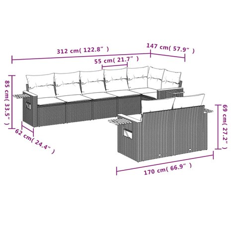 8-delige Loungeset met kussens poly rattan beige