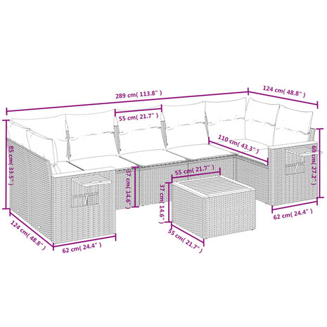 8-delige Loungeset met kussens poly rattan beige