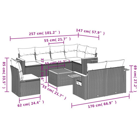 9-delige Loungeset met kussens poly rattan beige