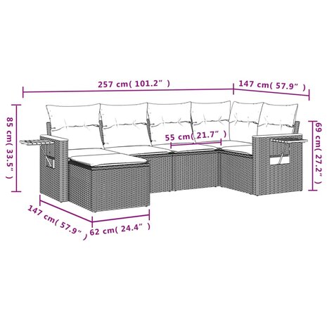 6-delige Loungeset met kussens poly rattan beige