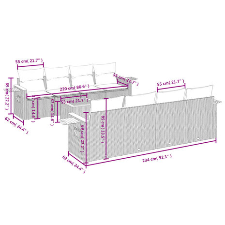 9-delige Loungeset met kussens poly rattan beige