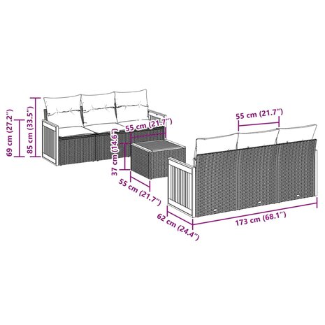 7-delige Loungeset met kussens poly rattan beige