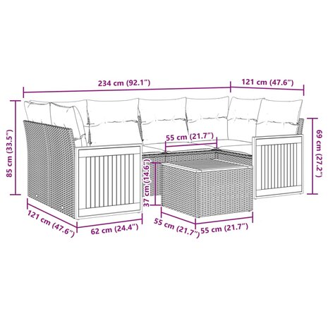 7-delige Loungeset met kussens poly rattan beige
