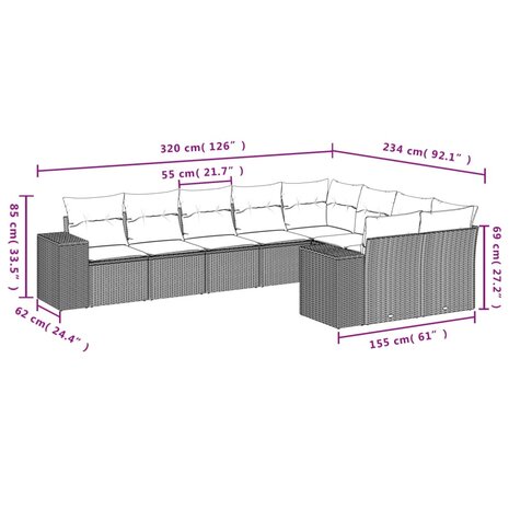 9-delige Loungeset met kussens poly rattan beige