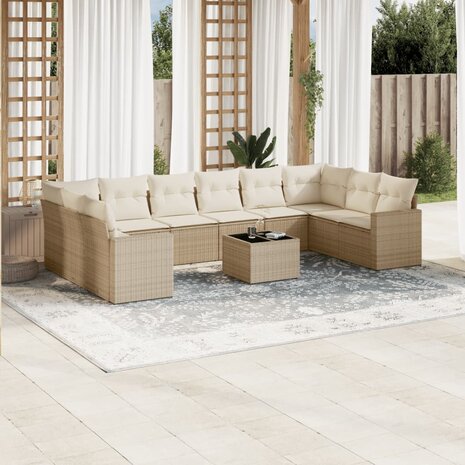 11-delige Tuinset met kussens poly rattan beige