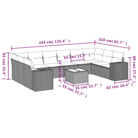 11-delige Tuinset met kussens poly rattan beige