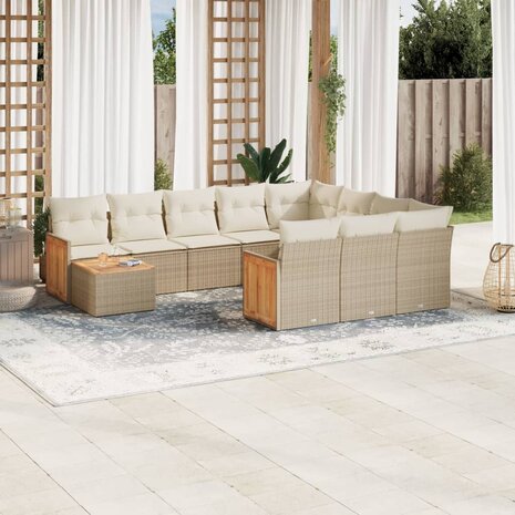 11-delige Tuinset met kussens poly rattan beige
