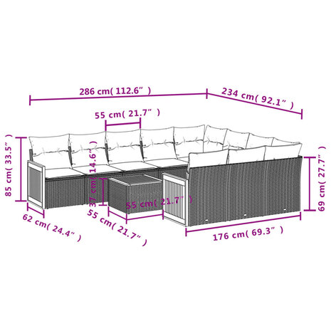 11-delige Tuinset met kussens poly rattan beige