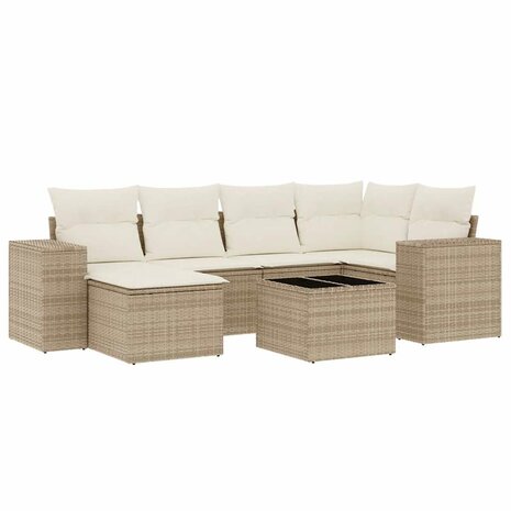 7-delige Loungeset met kussens poly rattan beige