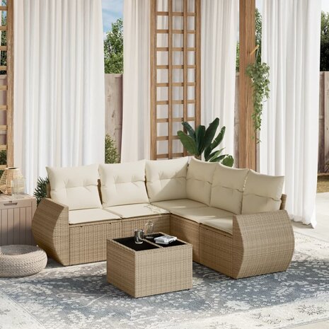 6-delige Loungeset met kussens poly rattan beige