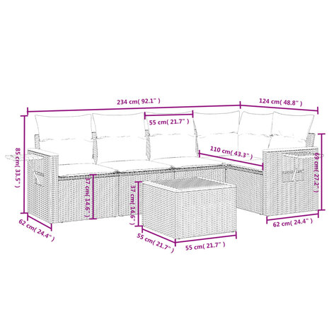 6-delige Loungeset met kussens poly rattan beige