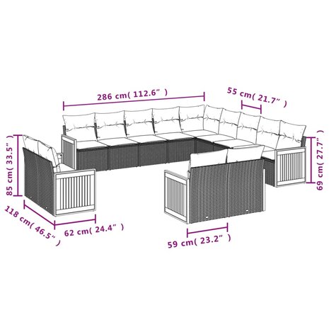 13-delige Loungeset met kussens poly rattan beige