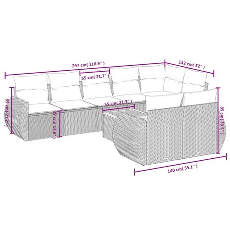 9-delige Loungeset met kussens poly rattan zwart