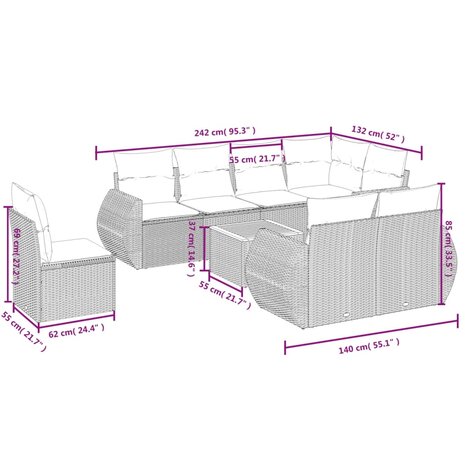 9-delige Loungeset met kussens poly rattan zwart