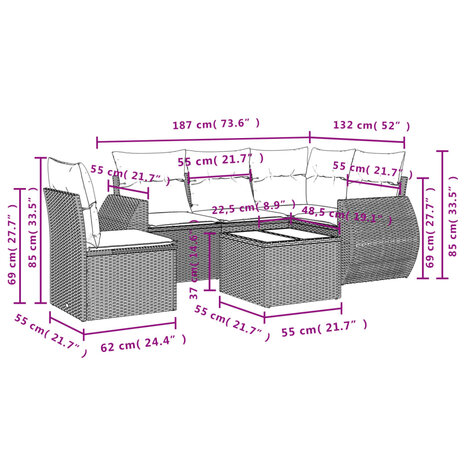 6-delige Loungeset met kussens poly rattan zwart