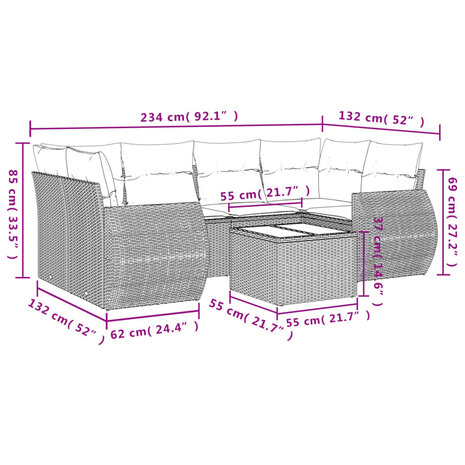7-delige Loungeset met kussens poly rattan zwart