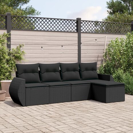 5-delige Loungeset met kussens poly rattan zwart
