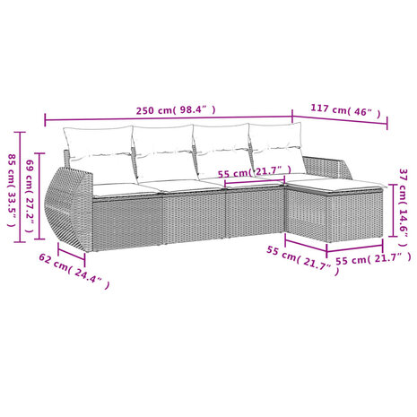 5-delige Loungeset met kussens poly rattan zwart