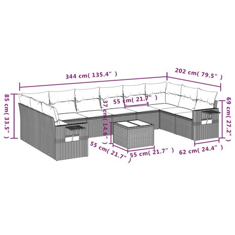 11-delige Loungeset met kussens poly rattan zwart