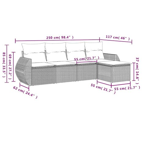 5-delige Loungeset met kussens poly rattan zwart