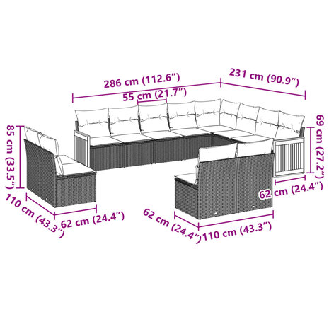 12-delige Loungeset met kussens poly rattan zwart