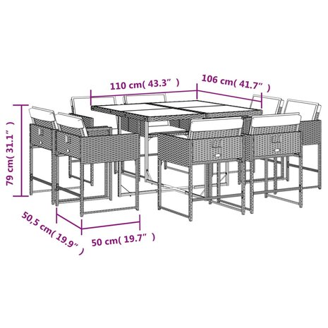9-delige Tuinset met kussens poly rattan lichtgrijs