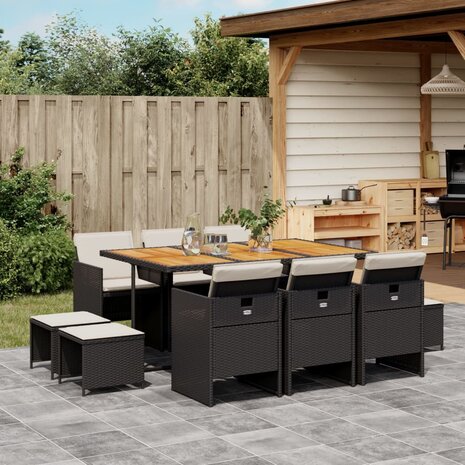 11-delige Tuinset met kussens poly rattan zwart