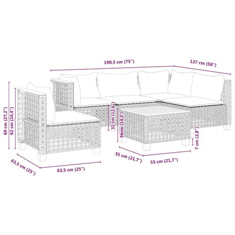 6-delige Loungeset met kussens poly rattan grijs