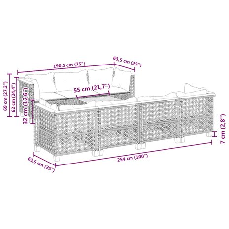 8-delige Loungeset met kussens poly rattan grijs
