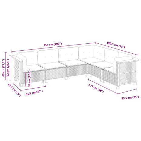 6-delige Loungeset met kussens poly rattan zwart