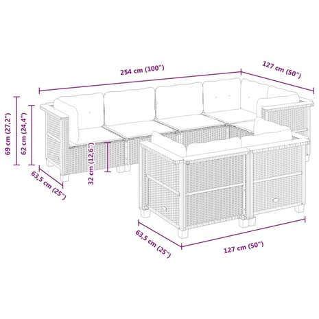 7-delige Loungeset met kussens poly rattan zwart