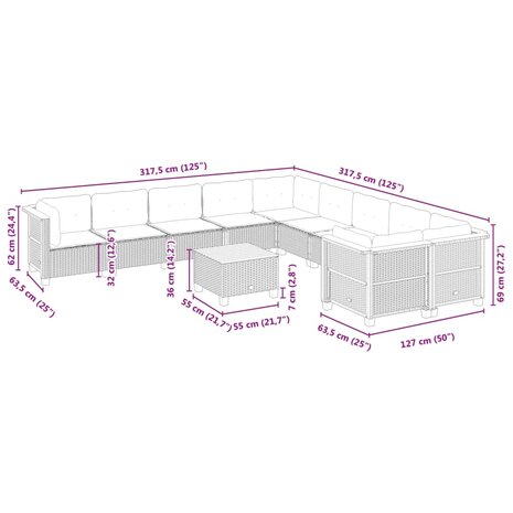 11-delige Loungeset met kussens poly rattan zwart
