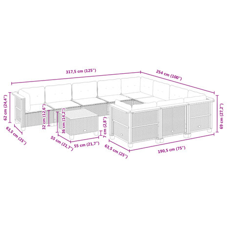 11-delige Loungeset met kussens poly rattan zwart