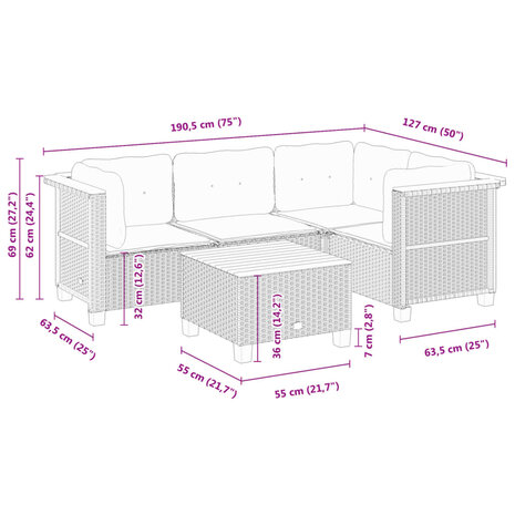 5-delige Loungeset met kussens poly rattan zwart