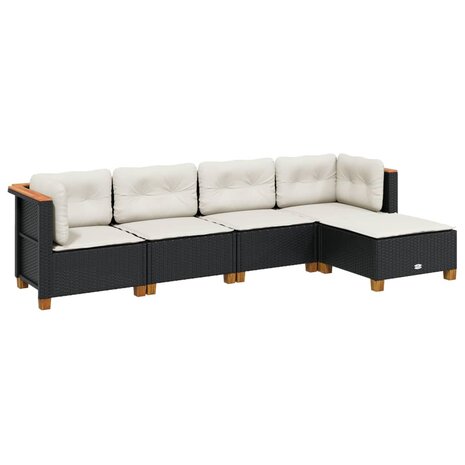 5-delige Loungeset met kussens poly rattan zwart