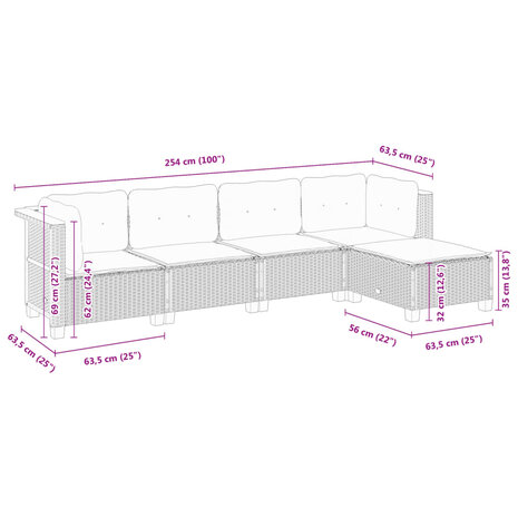 5-delige Loungeset met kussens poly rattan zwart