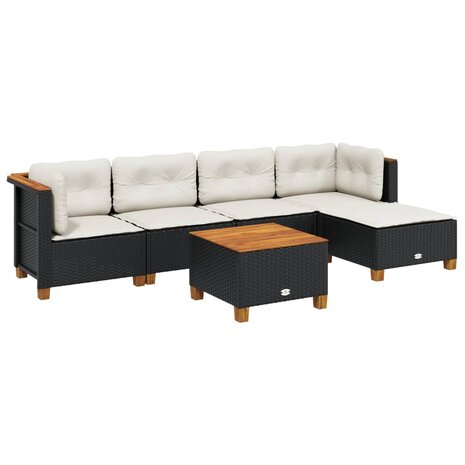 6-delige Loungeset met kussens poly rattan zwart
