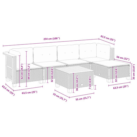 6-delige Loungeset met kussens poly rattan zwart
