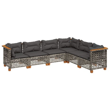 6-delige Loungeset met kussens poly rattan grijs