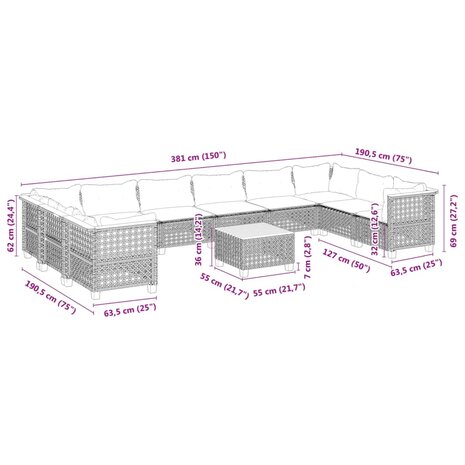 11-delige Loungeset met kussens poly rattan grijs