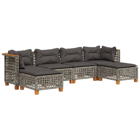 6-delige Loungeset met kussens poly rattan grijs