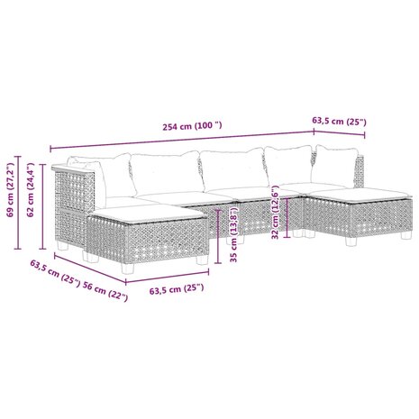 6-delige Loungeset met kussens poly rattan grijs