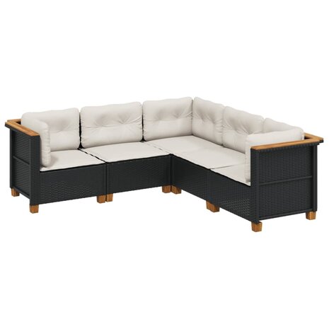5-delige Loungeset met kussens poly rattan zwart