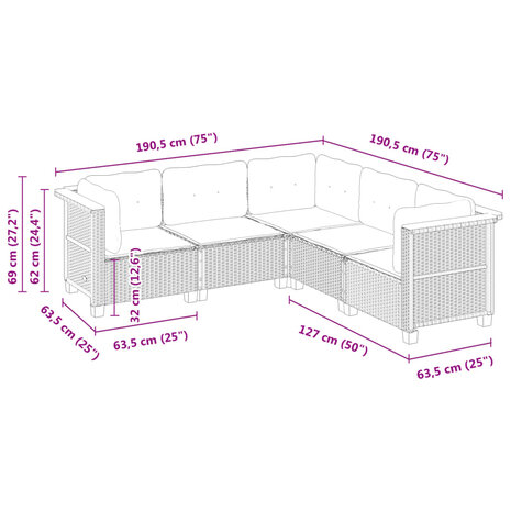 5-delige Loungeset met kussens poly rattan zwart