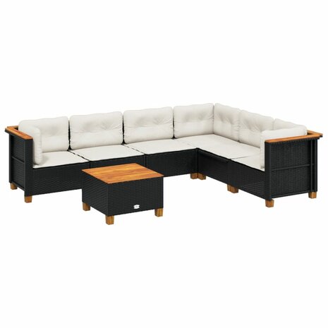 7-delige Loungeset met kussens poly rattan zwart